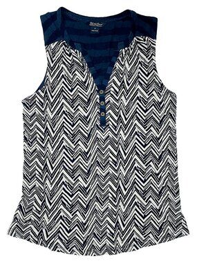 Chevron Henley Tank Top Blue Cream Sleeveless Mixed Print Boho Lucky Brand